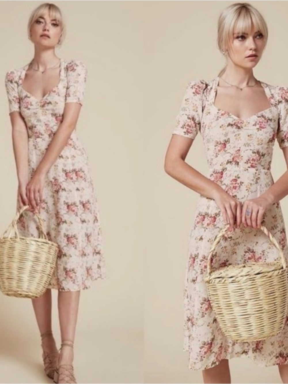 Reformation Cream Floral Midi Dress